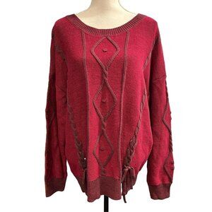 Frye & Co Sweater Womens 2X Red Textured Southwestern Pullover Tie Sides Cowgirl